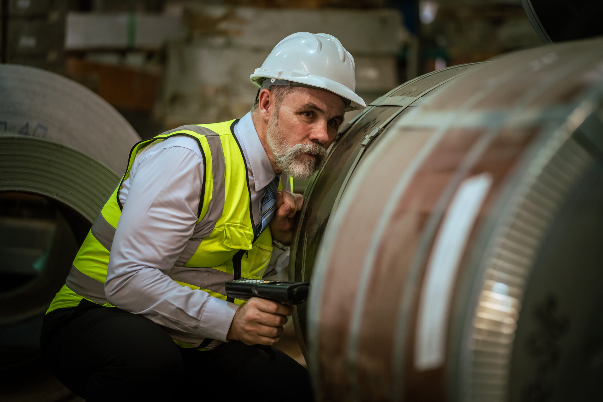 Elderly man factory inspector checking sheet metal in industrial